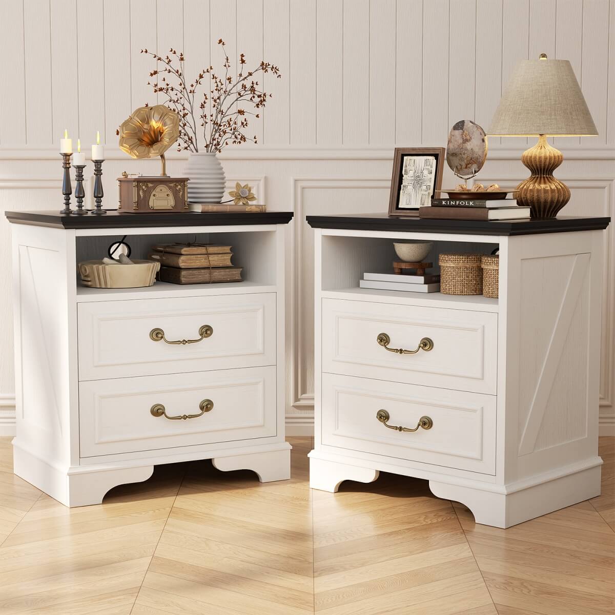 Farmhouse Nightstands with Drawers, Bedside Table with Power Outlet