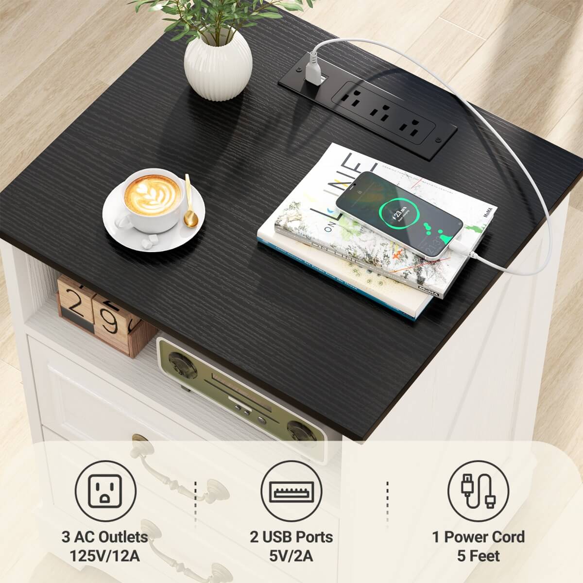 Farmhouse Nightstands with Drawers, Bedside Table with Power Outlet