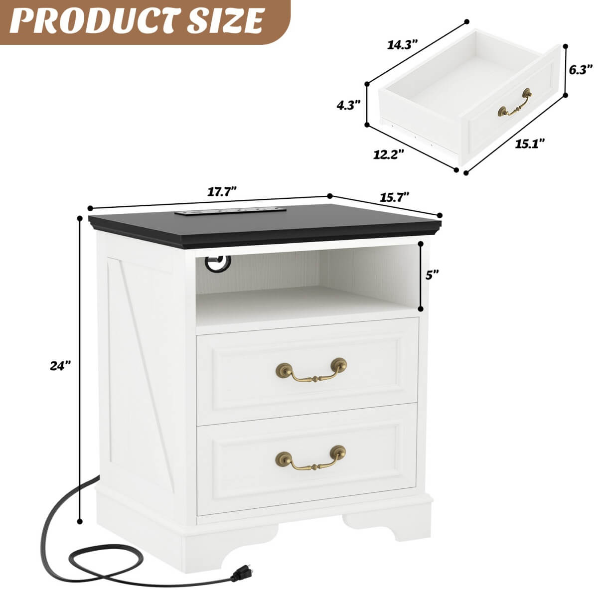 Farmhouse Nightstands with Drawers, Bedside Table with Power Outlet