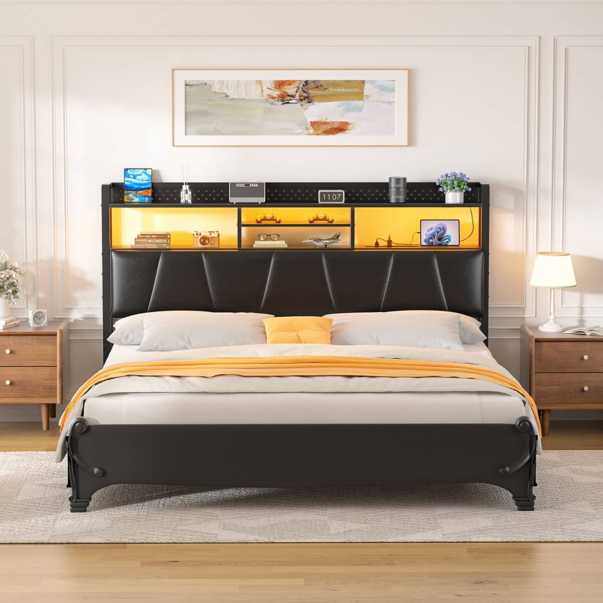 Upholstered Headboard for Full Size Bed Frame, with Power Outlets and RGB LED Lights