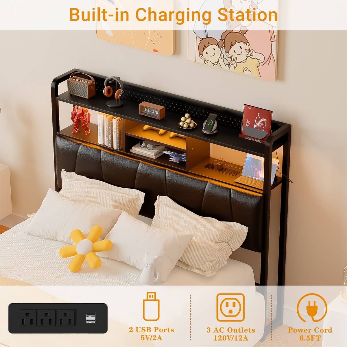 Upholstered Headboard for Full Size Bed Frame, with Power Outlets and RGB LED Lights