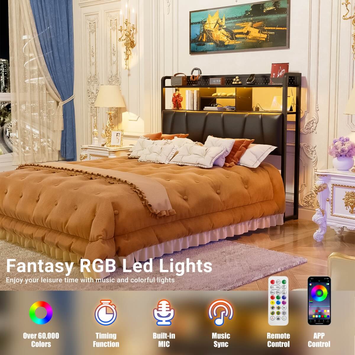 Upholstered Headboard for Full Size Bed Frame, with Power Outlets and RGB LED Lights