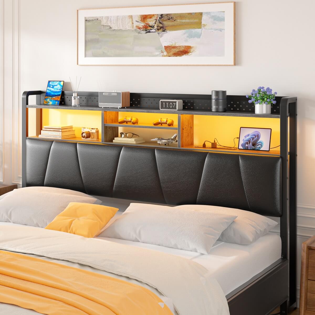 Upholstered Headboard for Full Size Bed Frame, with Power Outlets and RGB LED Lights