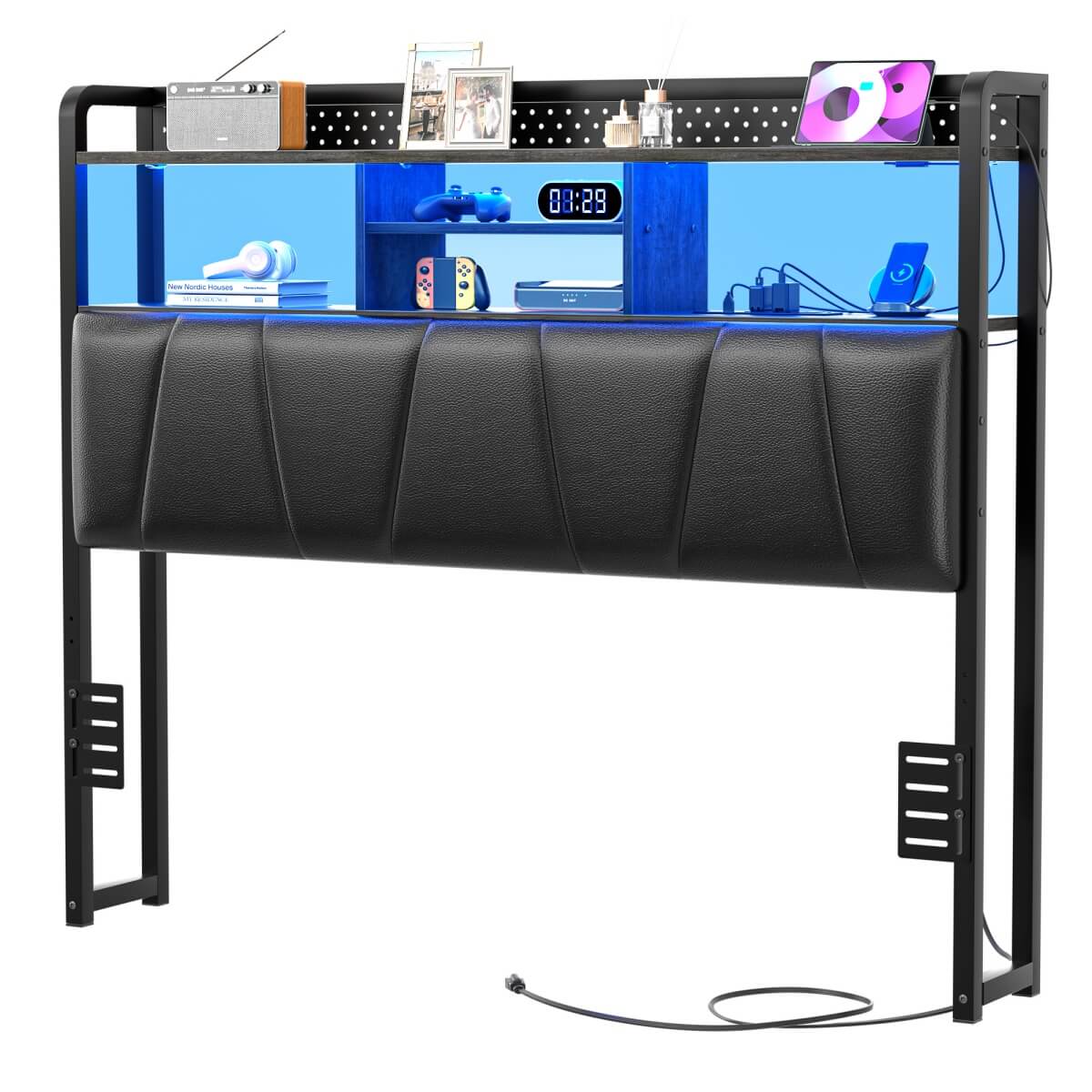 Upholstered Headboard for Full Size Bed Frame, with Power Outlets and RGB LED Lights