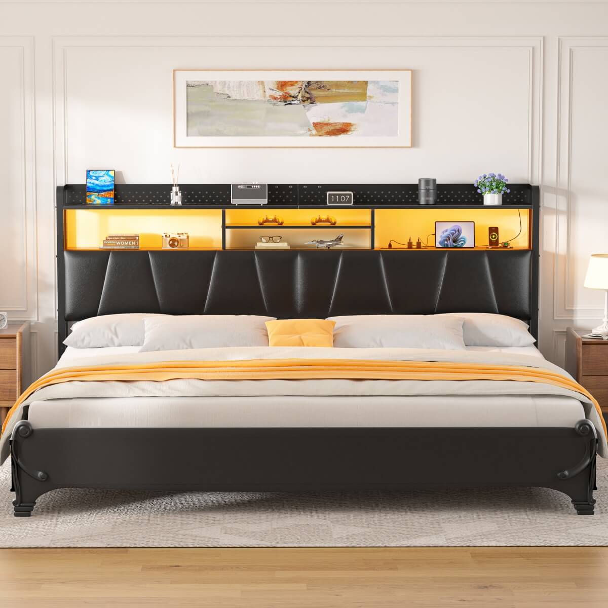 Upholstered Headboard for King Size Bed Frame, with Power Outlets and RGB LED Lights