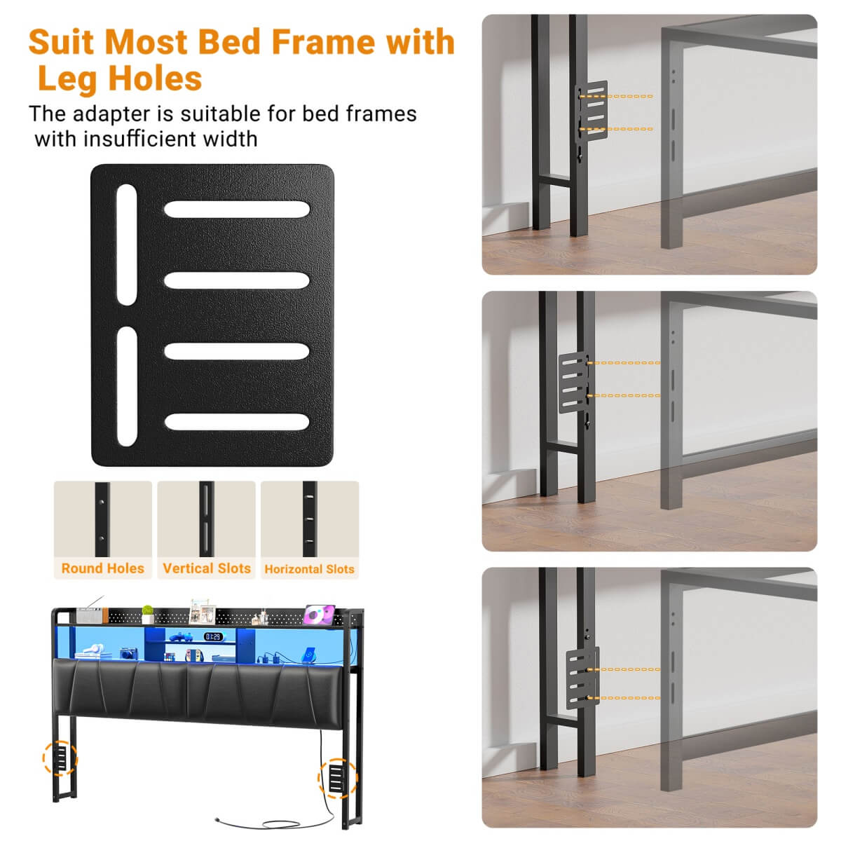 Upholstered Headboard for King Size Bed Frame, with Power Outlets and RGB LED Lights