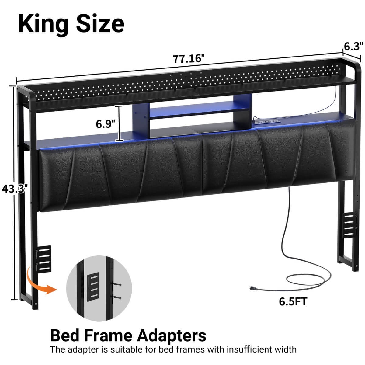 Upholstered Headboard for King Size Bed Frame, with Power Outlets and RGB LED Lights