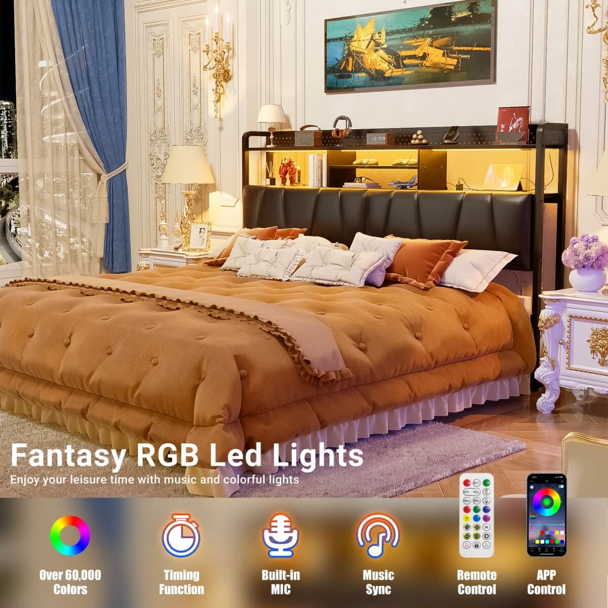 Upholstered Headboard for King Size Bed Frame, with Power Outlets and RGB LED Lights
