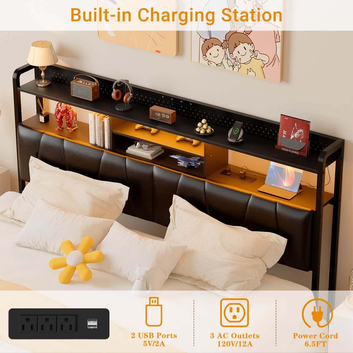 Upholstered Headboard for King Size Bed Frame, with Power Outlets and RGB LED Lights