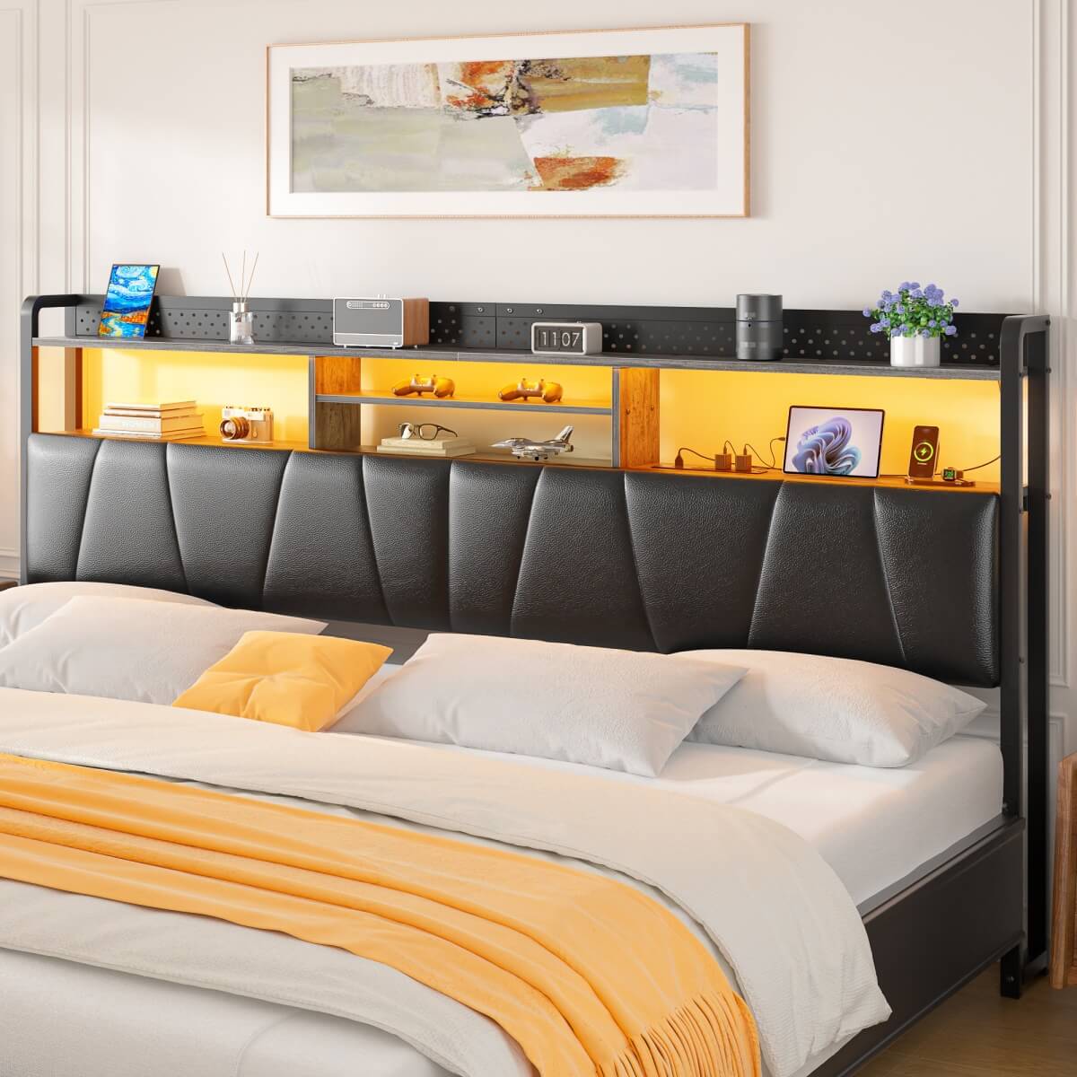 Upholstered Headboard for King Size Bed Frame, with Power Outlets and RGB LED Lights