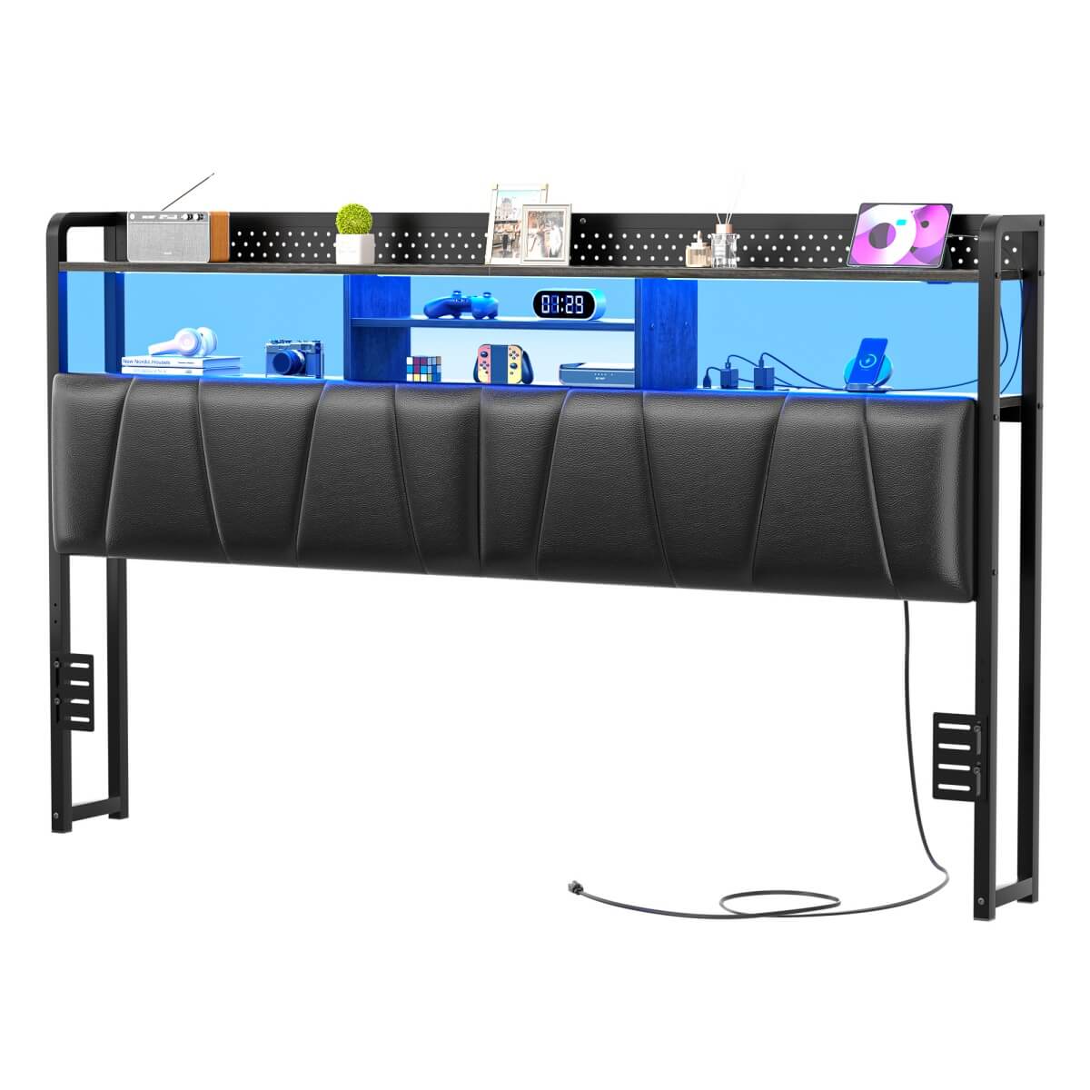 Upholstered Headboard for King Size Bed Frame, with Power Outlets and RGB LED Lights