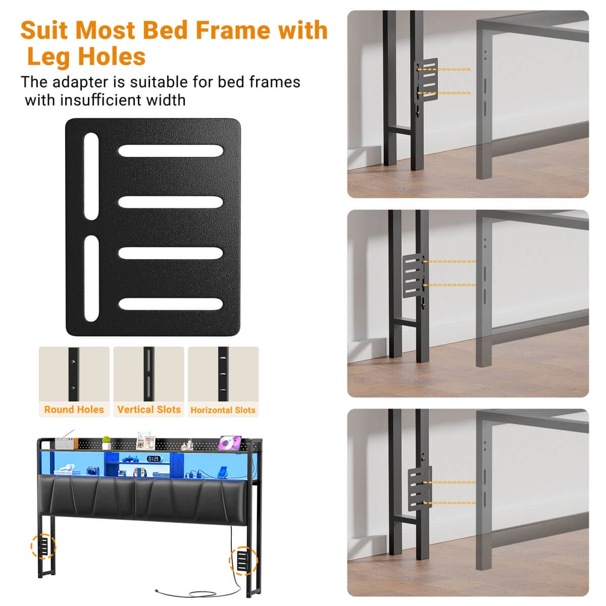 Upholstered Headboard for King Size Bed Frame, with Power Outlets and RGB LED Lights