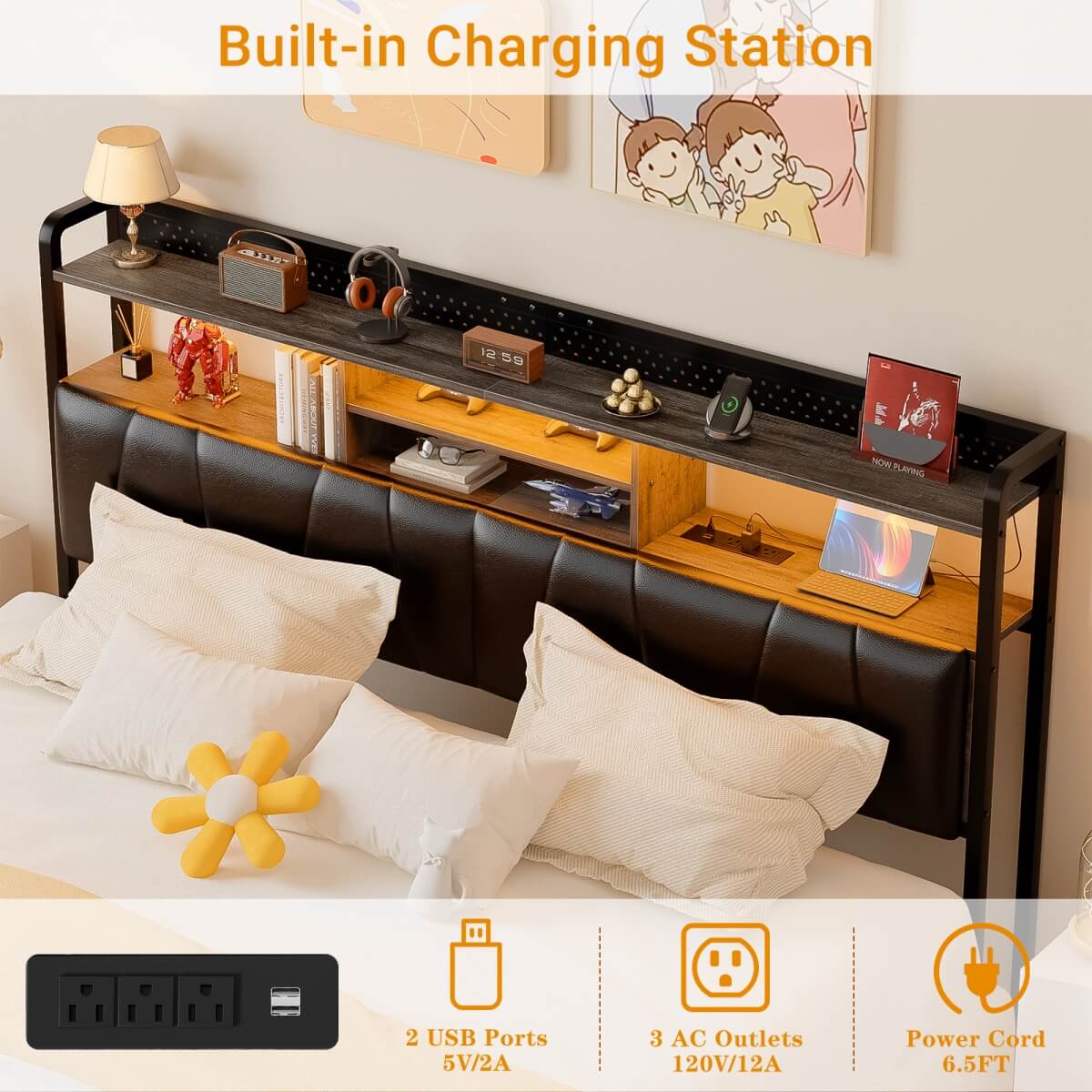 Upholstered Headboard for King Size Bed Frame, with Power Outlets and RGB LED Lights