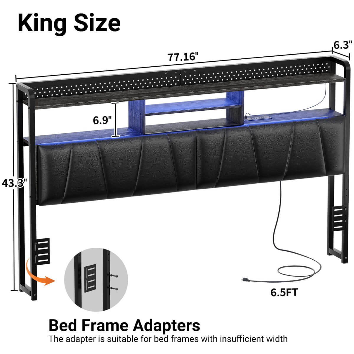 Upholstered Headboard for King Size Bed Frame, with Power Outlets and RGB LED Lights