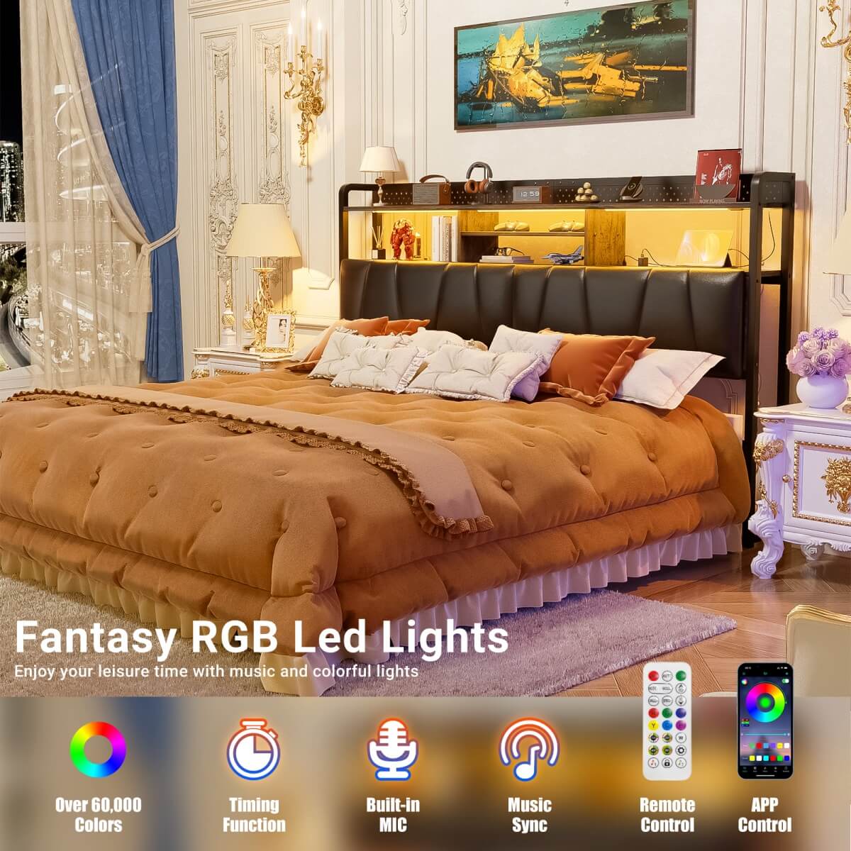 Upholstered Headboard for King Size Bed Frame, with Power Outlets and RGB LED Lights