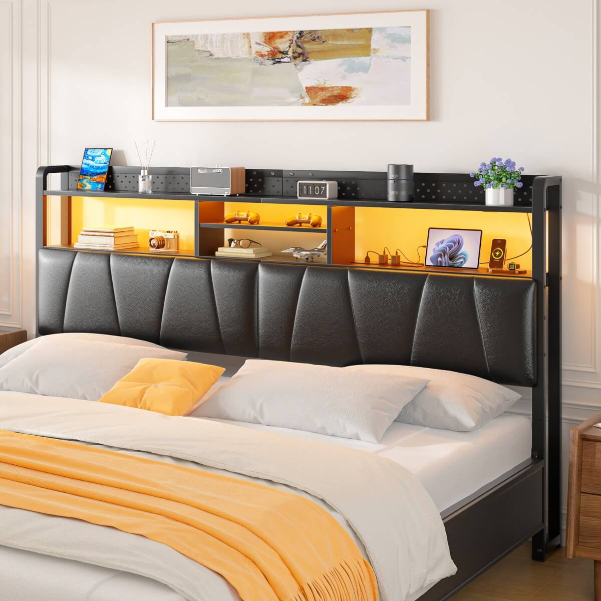 Upholstered Headboard for Queen Size Bed Frame, with Power Outlets and RGB LED Lights