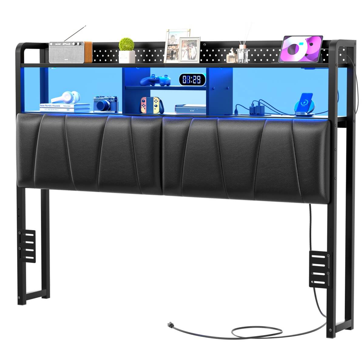 Upholstered Headboard for Queen Size Bed Frame, with Power Outlets and RGB LED Lights