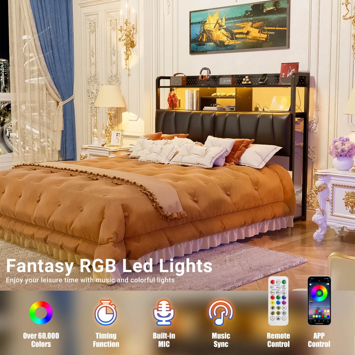 Upholstered Headboard for Queen Size Bed Frame, with Power Outlets and RGB LED Lights