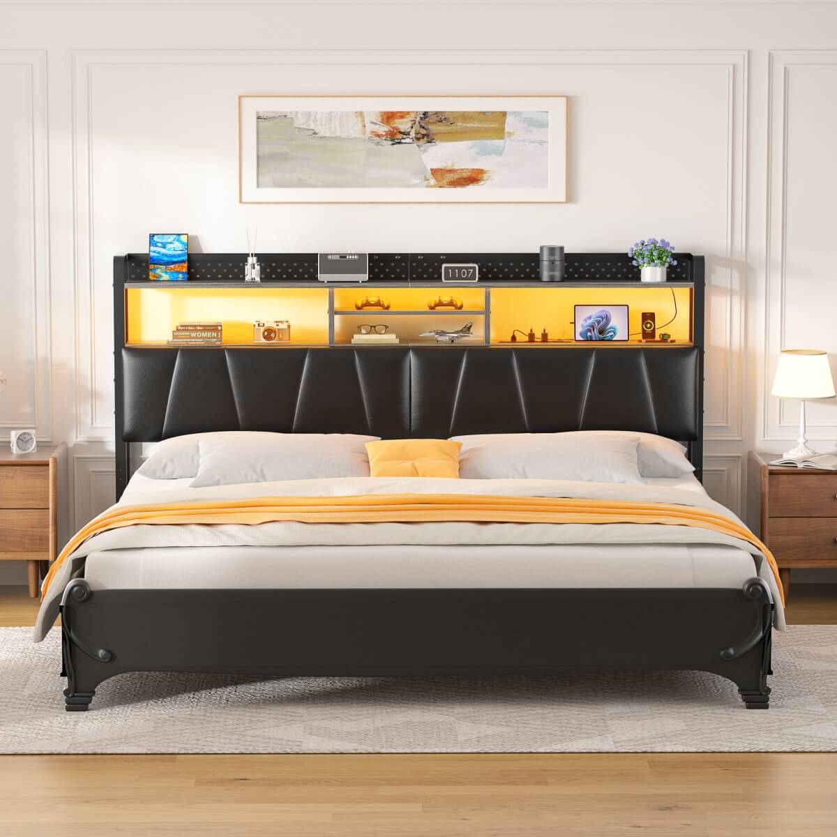 Upholstered Headboard for Queen Size Bed Frame, with Power Outlets and RGB LED Lights