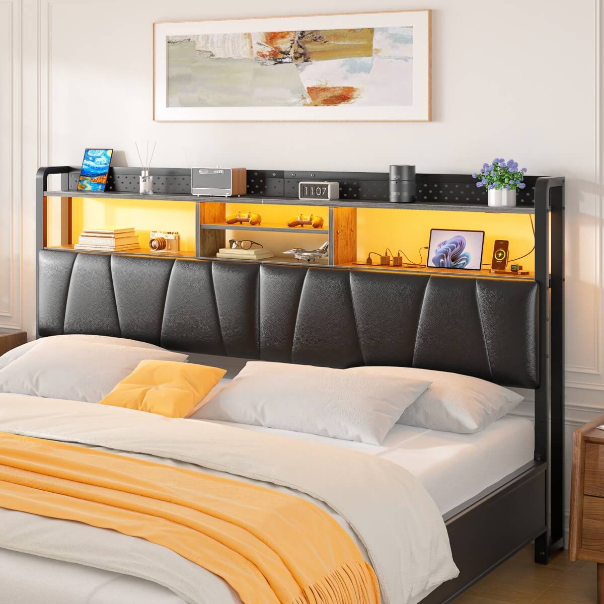 Upholstered Headboard for Queen Size Bed Frame, with Power Outlets and RGB LED Lights