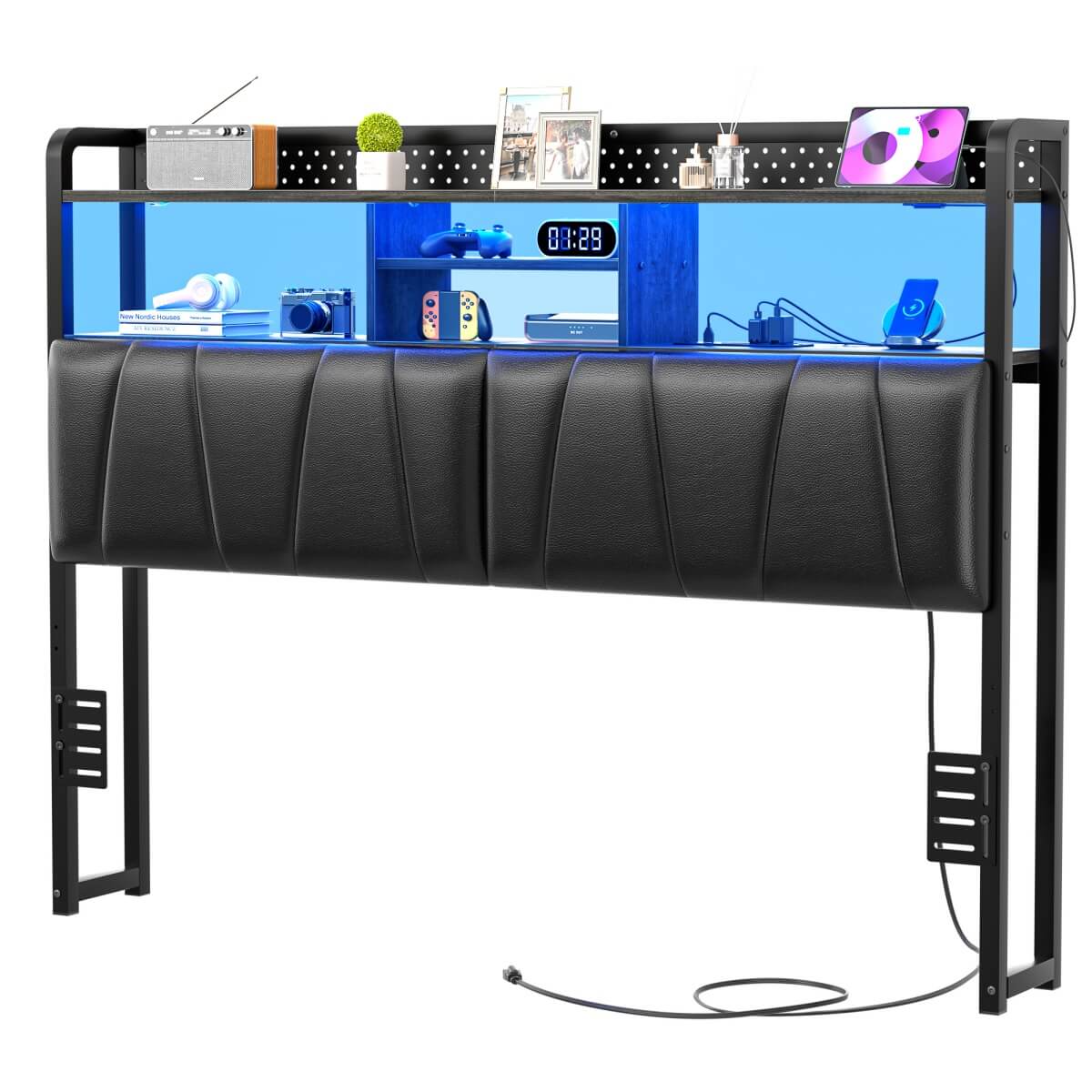 Upholstered Headboard for Queen Size Bed Frame, with Power Outlets and RGB LED Lights