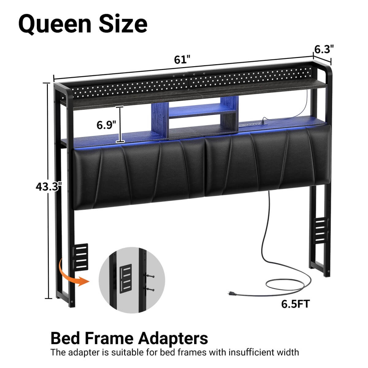 Upholstered Headboard for Queen Size Bed Frame, with Power Outlets and RGB LED Lights