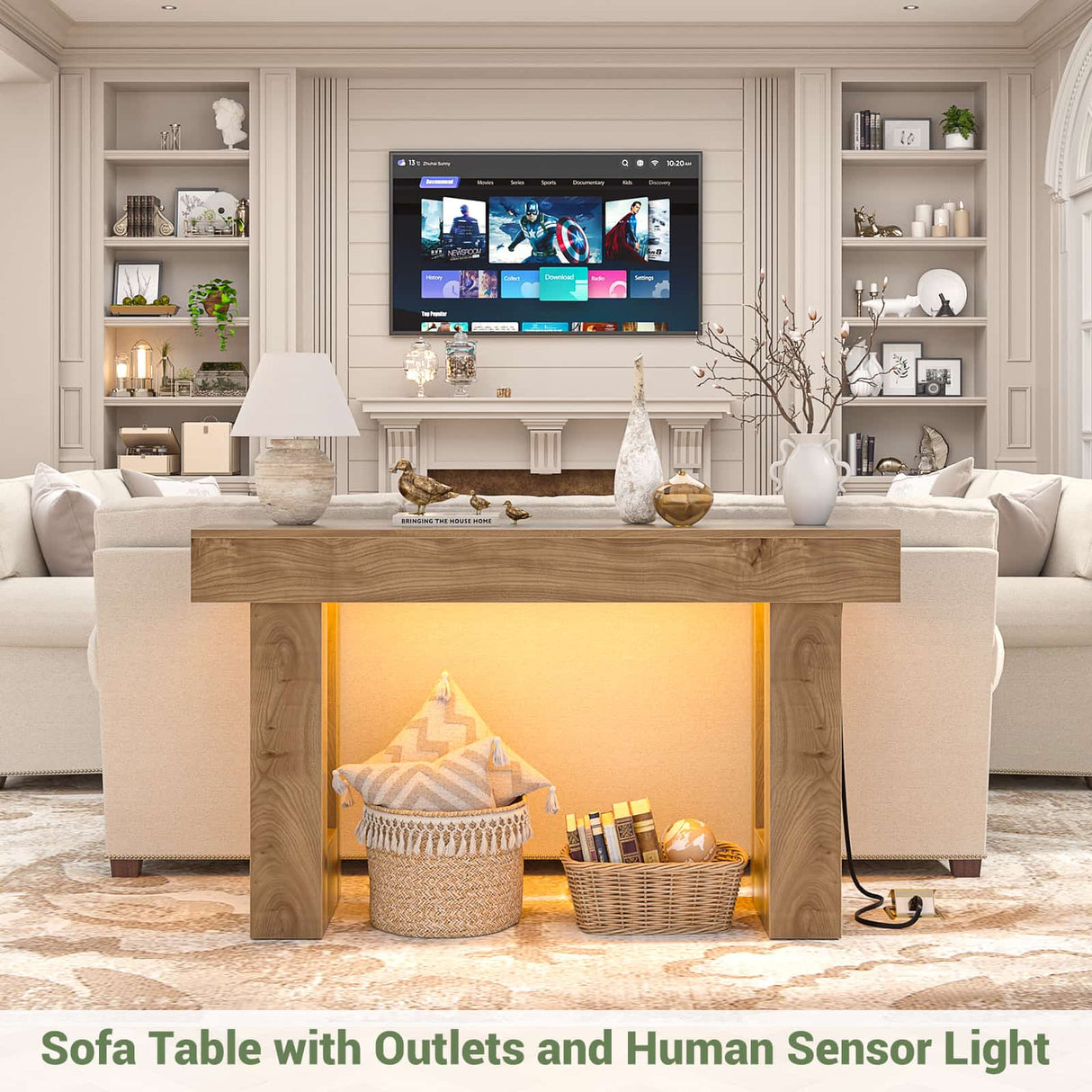 47" Entryway Table with Socket and Sensor Light, Console Table with Storage Behind Couch