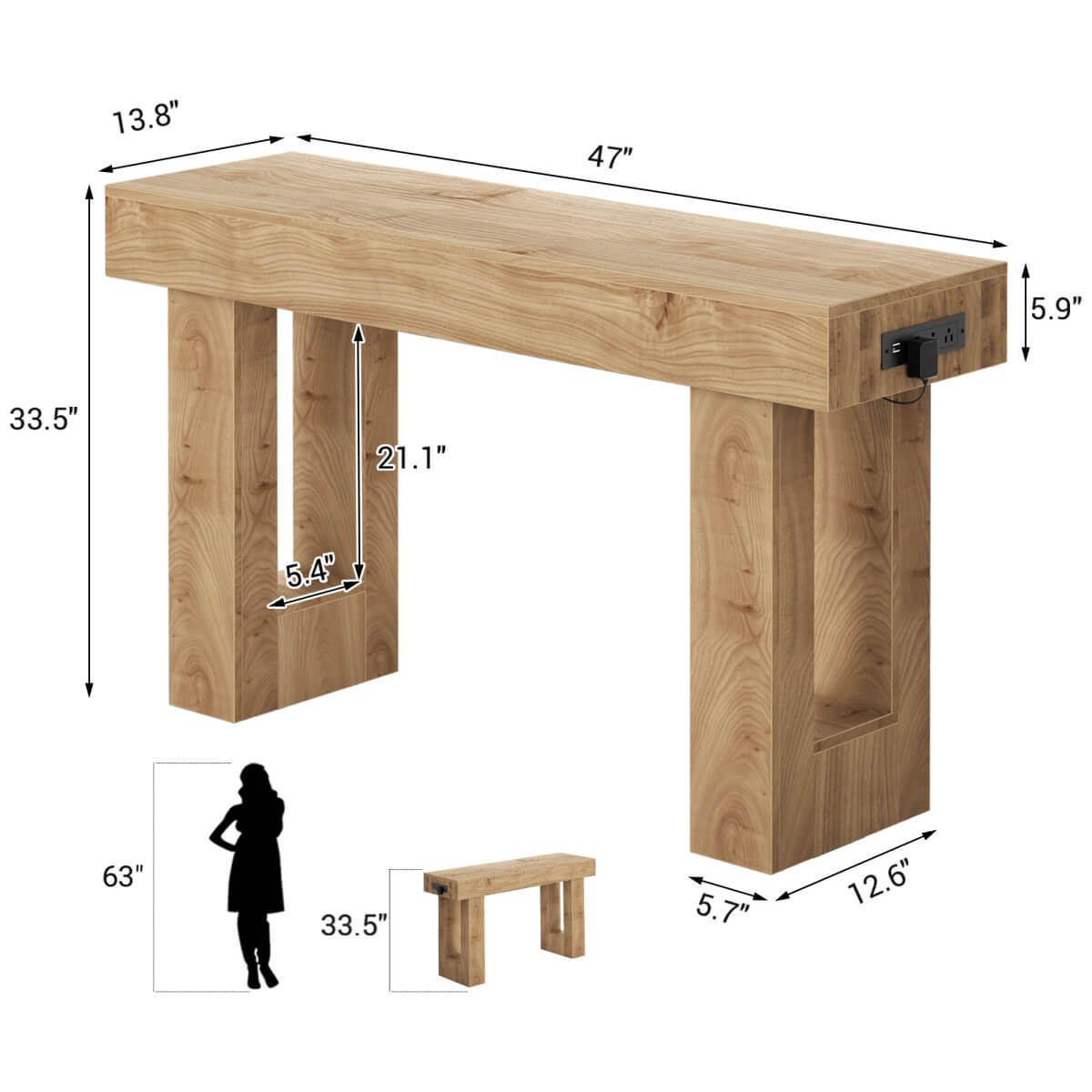 47'' Console Table with Outlets and Sensor Light