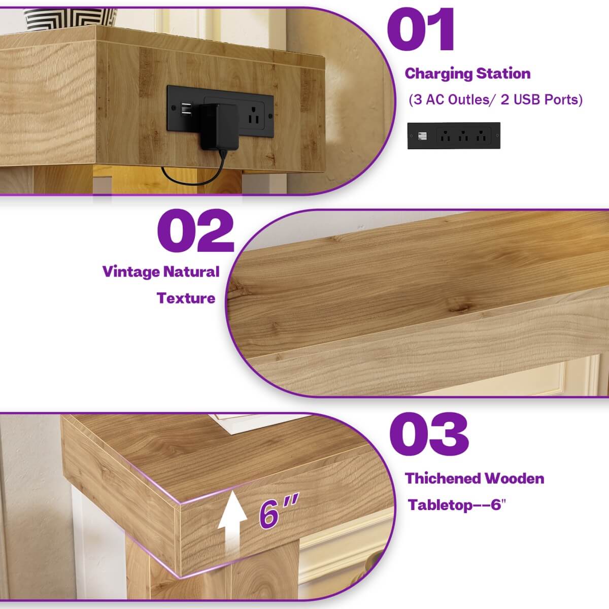 47'' Console Table with Outlets and Sensor Light
