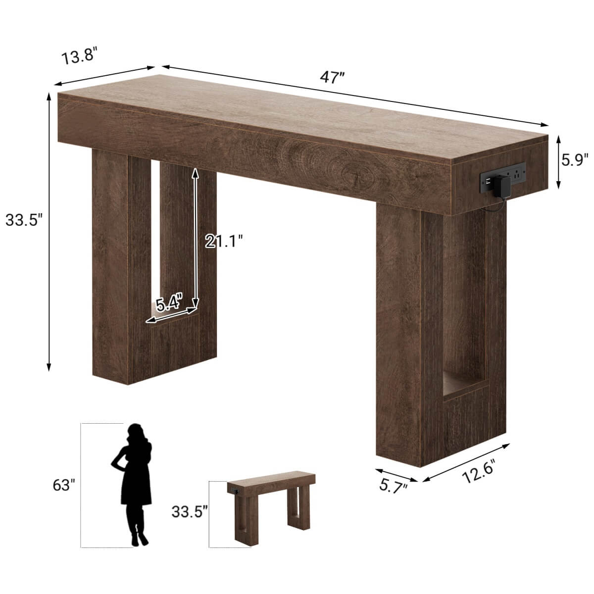 47'' Console Table with Outlets and Sensor Light