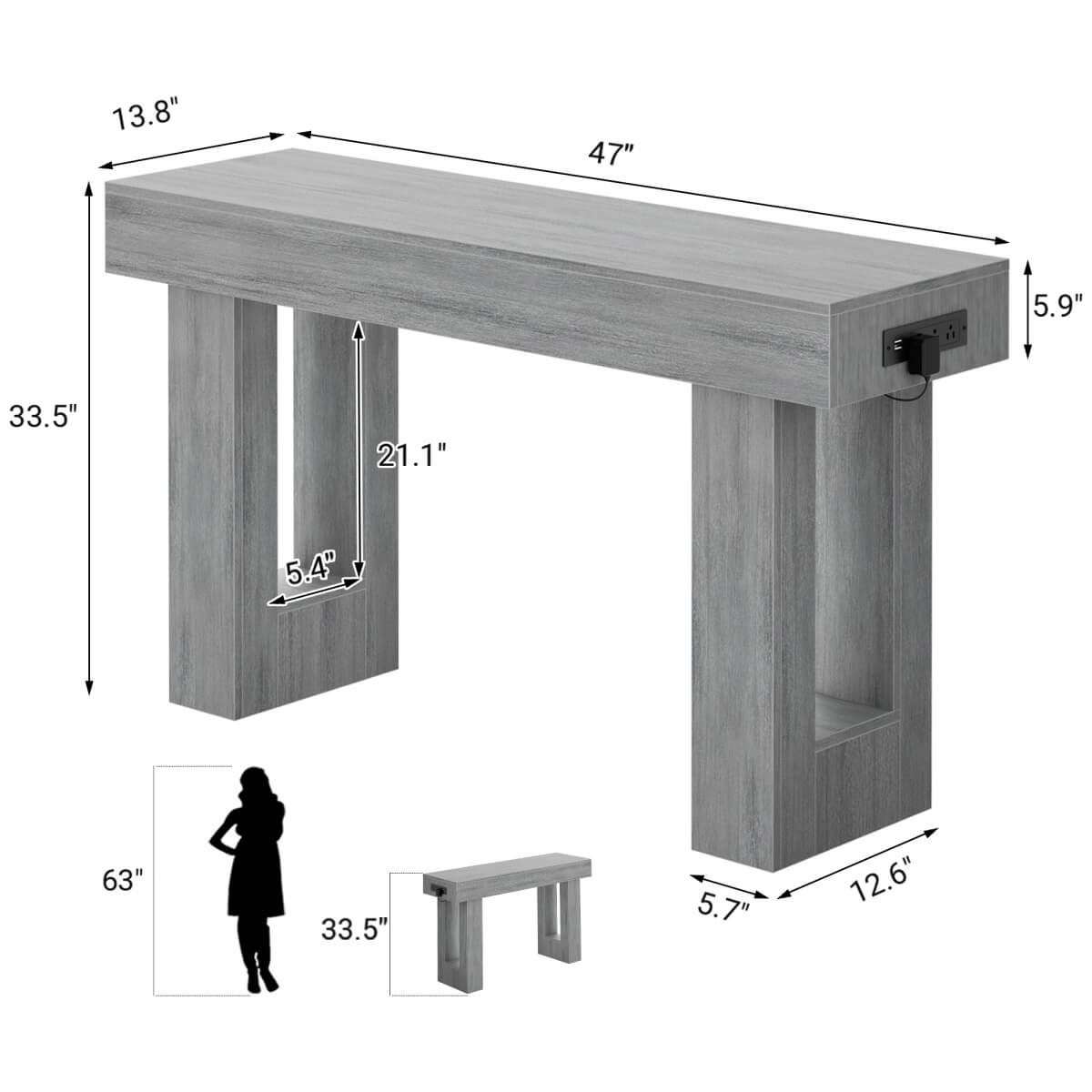 47'' Console Table with Outlets and Sensor Light