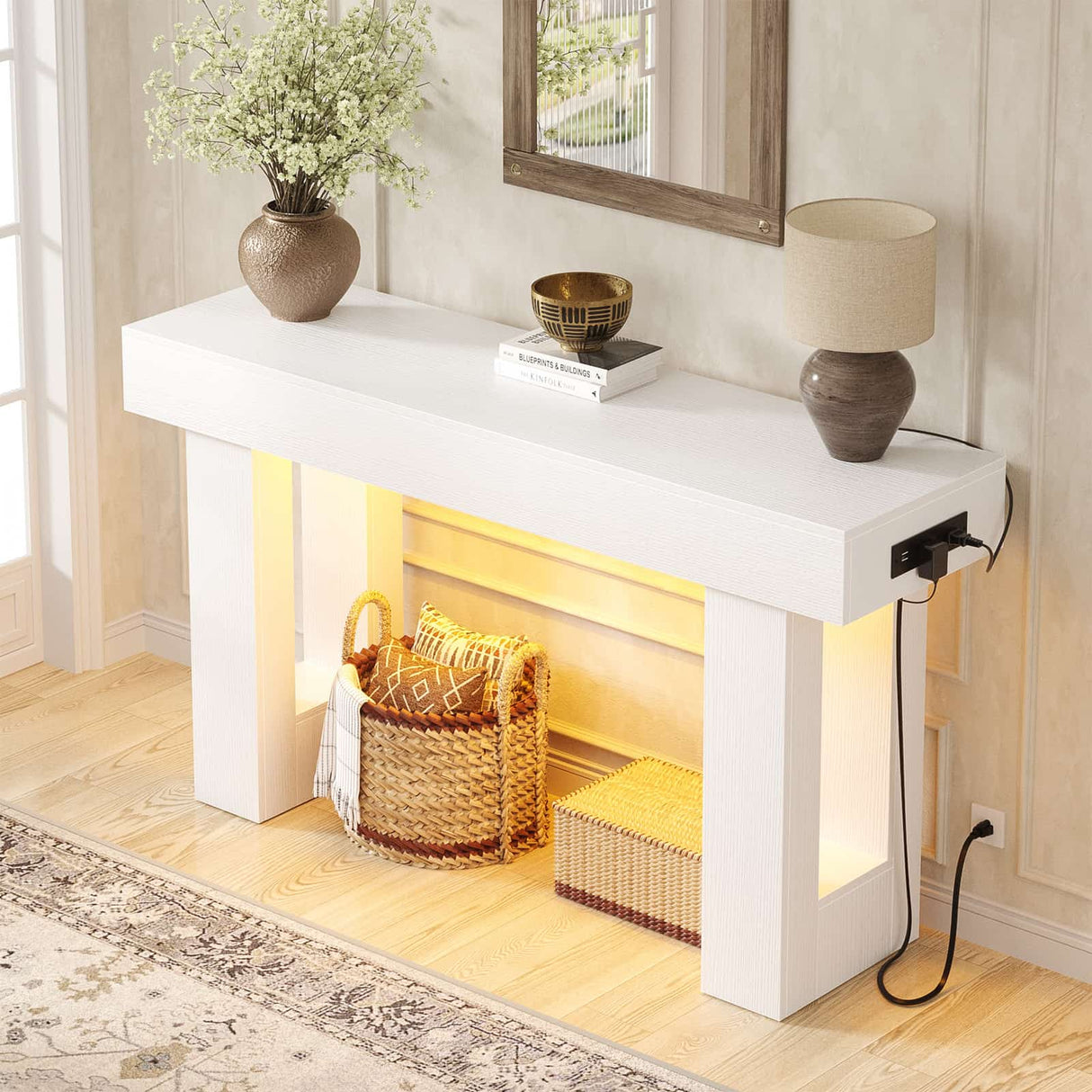 47" Entryway Table with Socket and Sensor Light, Console Table with Storage Behind Couch