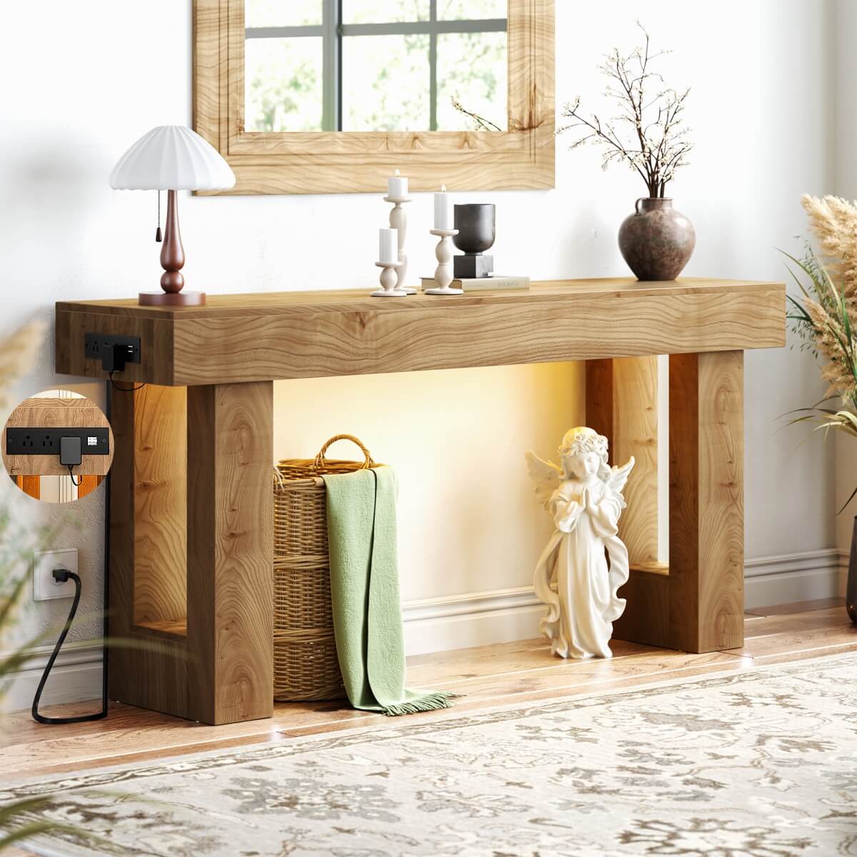 63'' Farmhouse Console Table with Power Outlet and Sensor Light