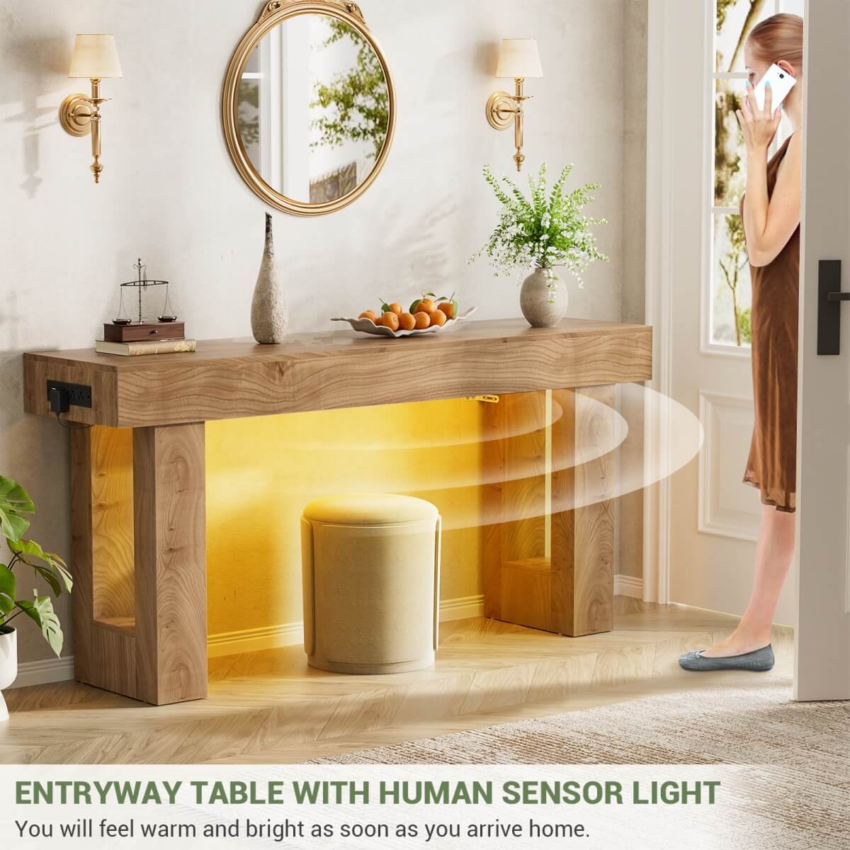 63'' Farmhouse Console Table with Power Outlet and Sensor Light