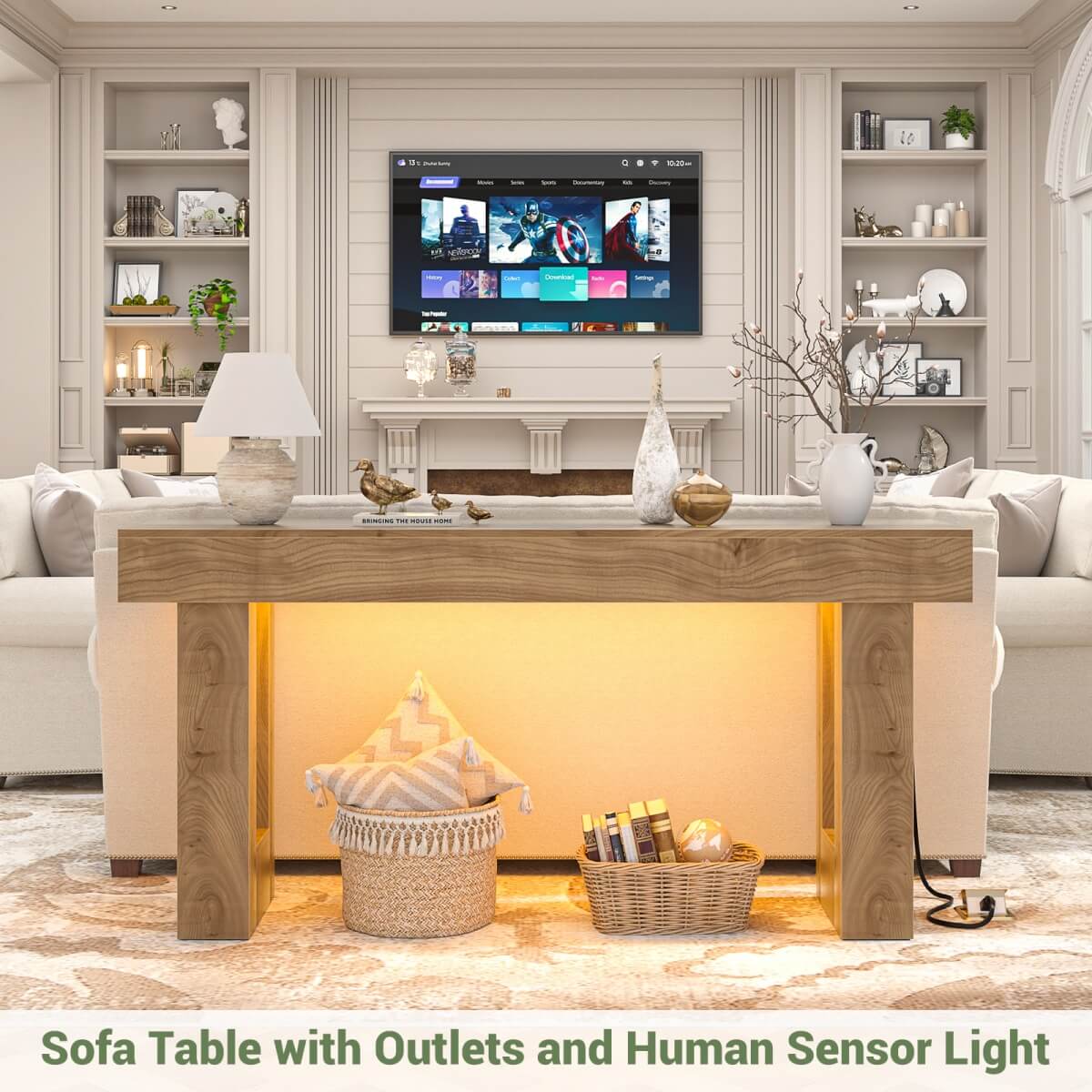 63'' Farmhouse Console Table with Power Outlet and Sensor Light