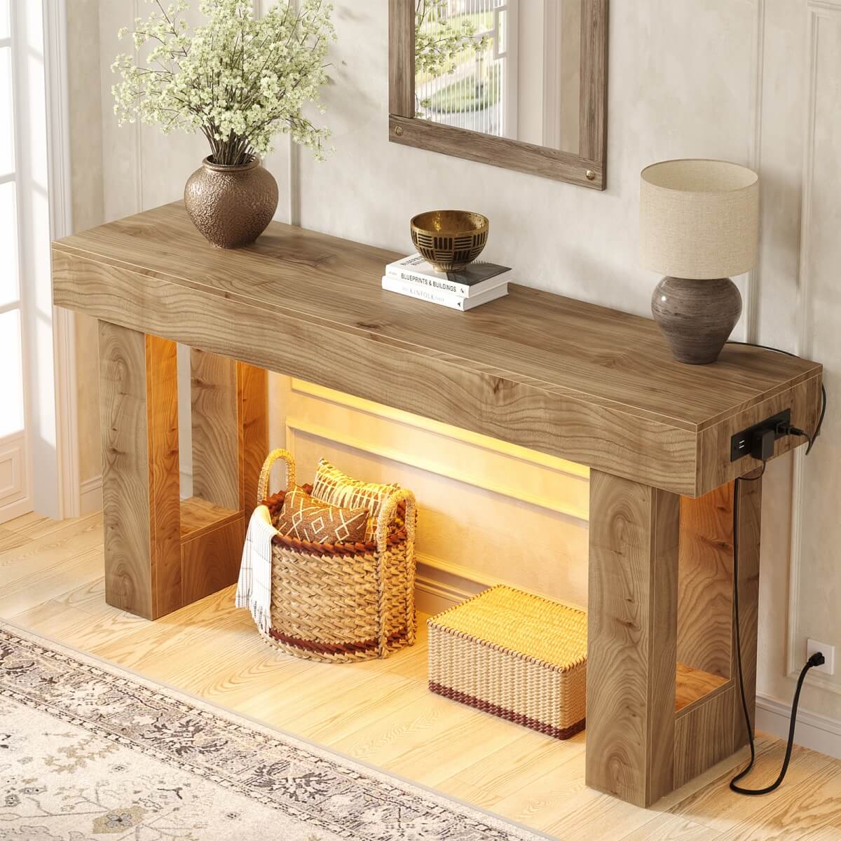 63'' Farmhouse Console Table with Power Outlet and Sensor Light