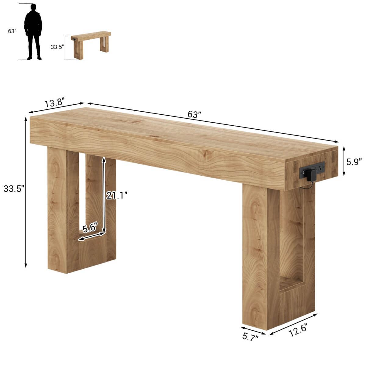 63'' Farmhouse Console Table with Power Outlet and Sensor Light