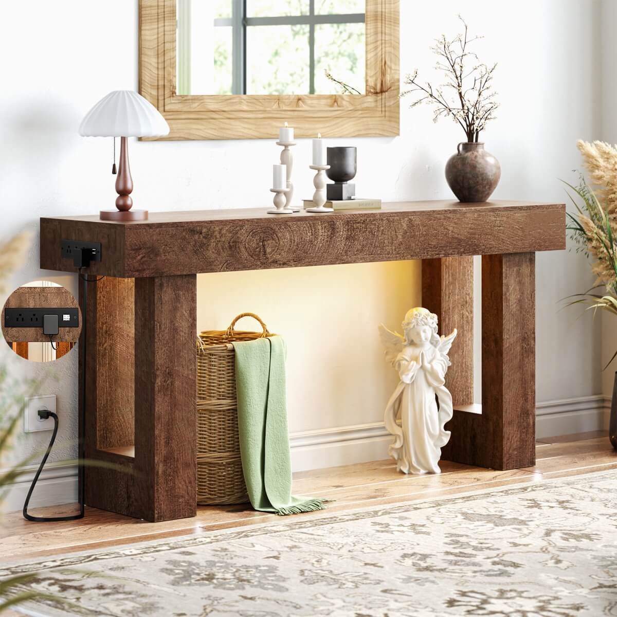 63'' Farmhouse Console Table with Power Outlet and Sensor Light