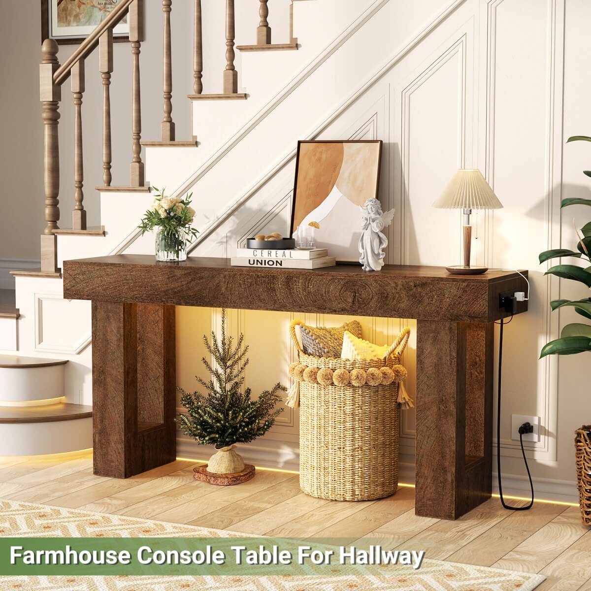 63'' Farmhouse Console Table with Power Outlet and Sensor Light