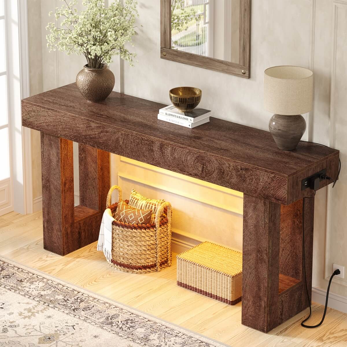 63'' Farmhouse Console Table with Power Outlet and Sensor Light