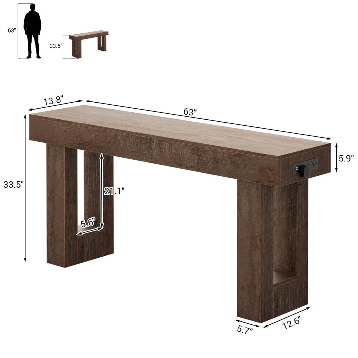 63'' Farmhouse Console Table with Power Outlet and Sensor Light