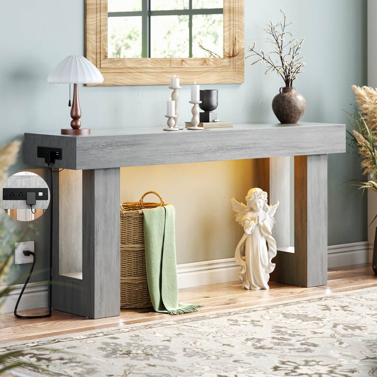 63'' Farmhouse Console Table with Power Outlet and Sensor Light