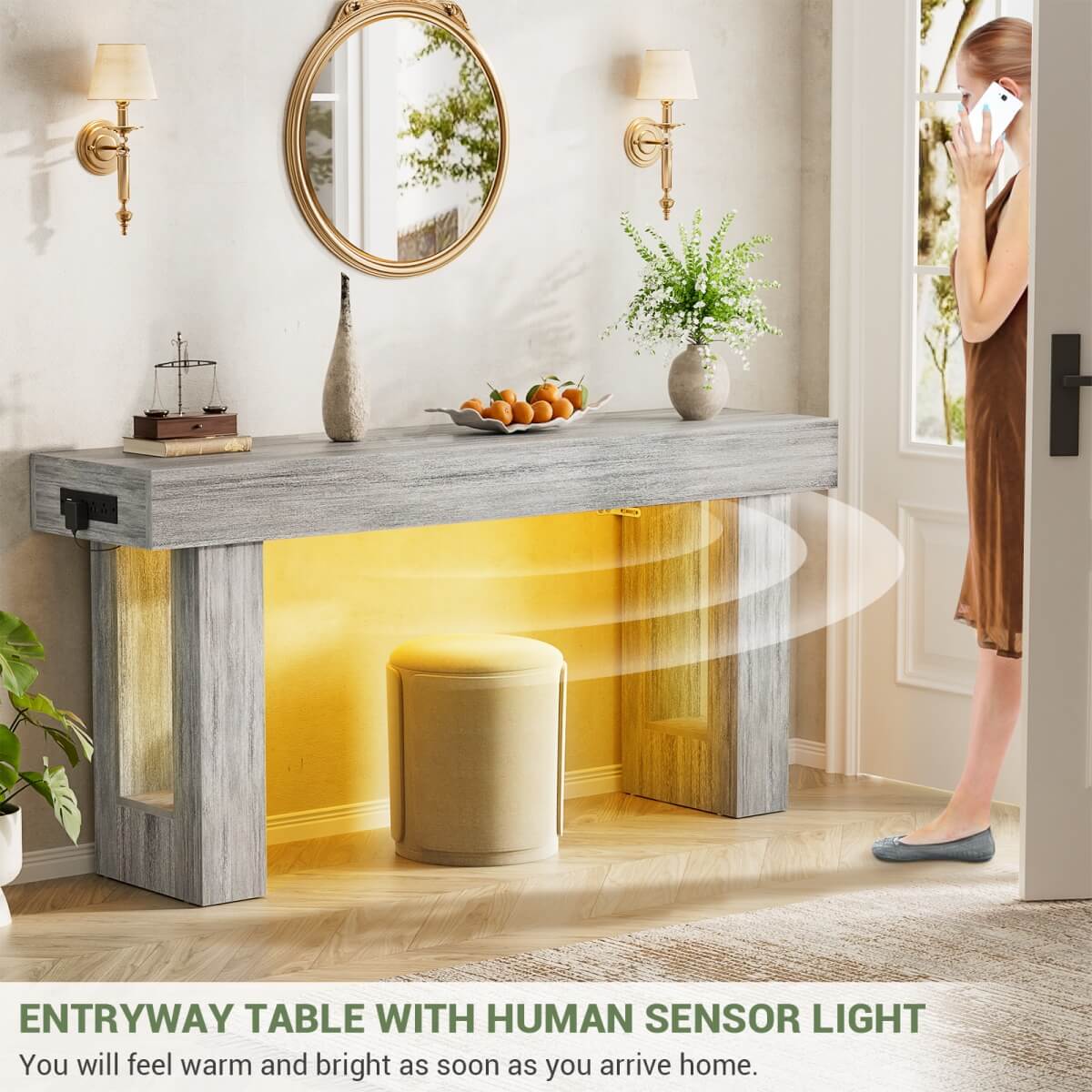 63'' Farmhouse Console Table with Power Outlet and Sensor Light