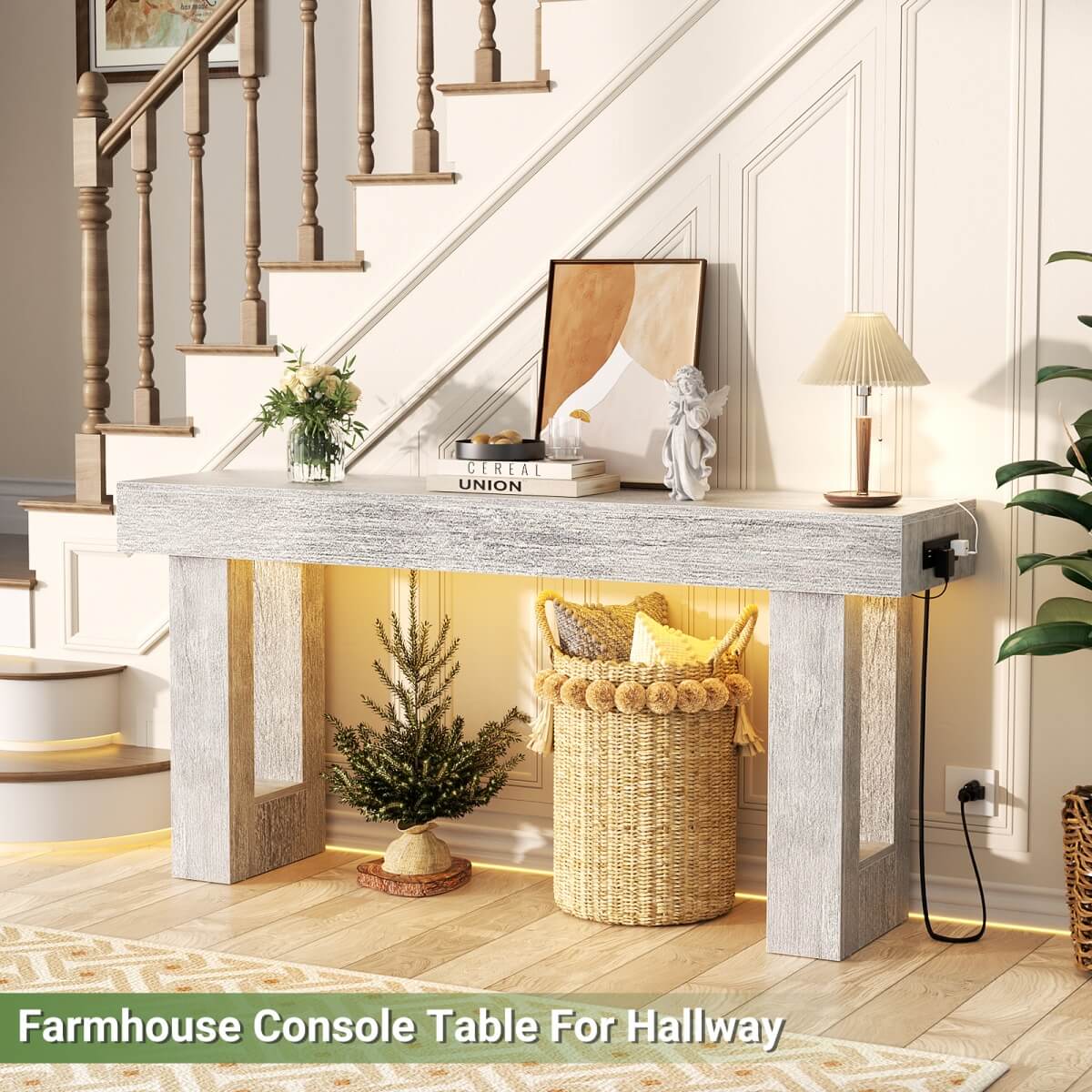 63'' Farmhouse Console Table with Power Outlet and Sensor Light