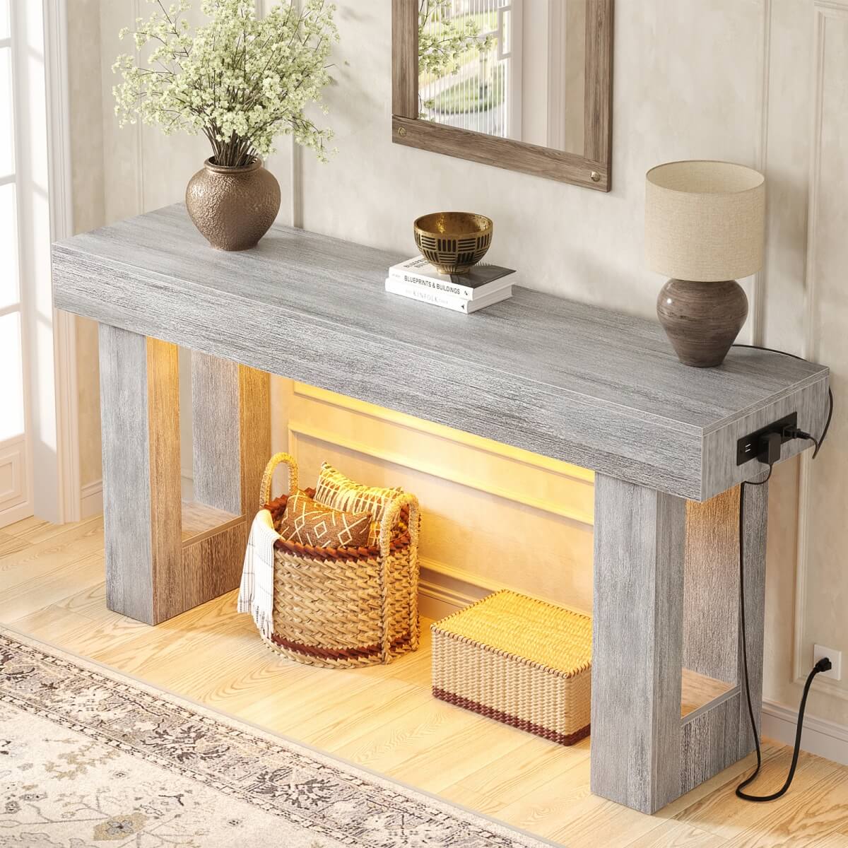 63'' Farmhouse Console Table with Power Outlet and Sensor Light