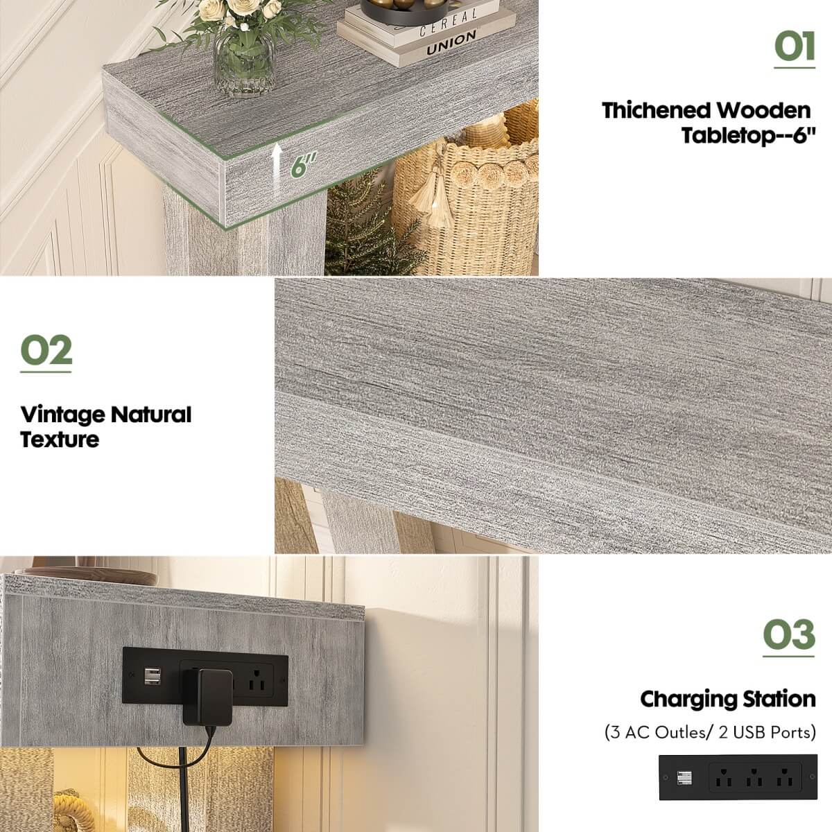 63'' Farmhouse Console Table with Power Outlet and Sensor Light