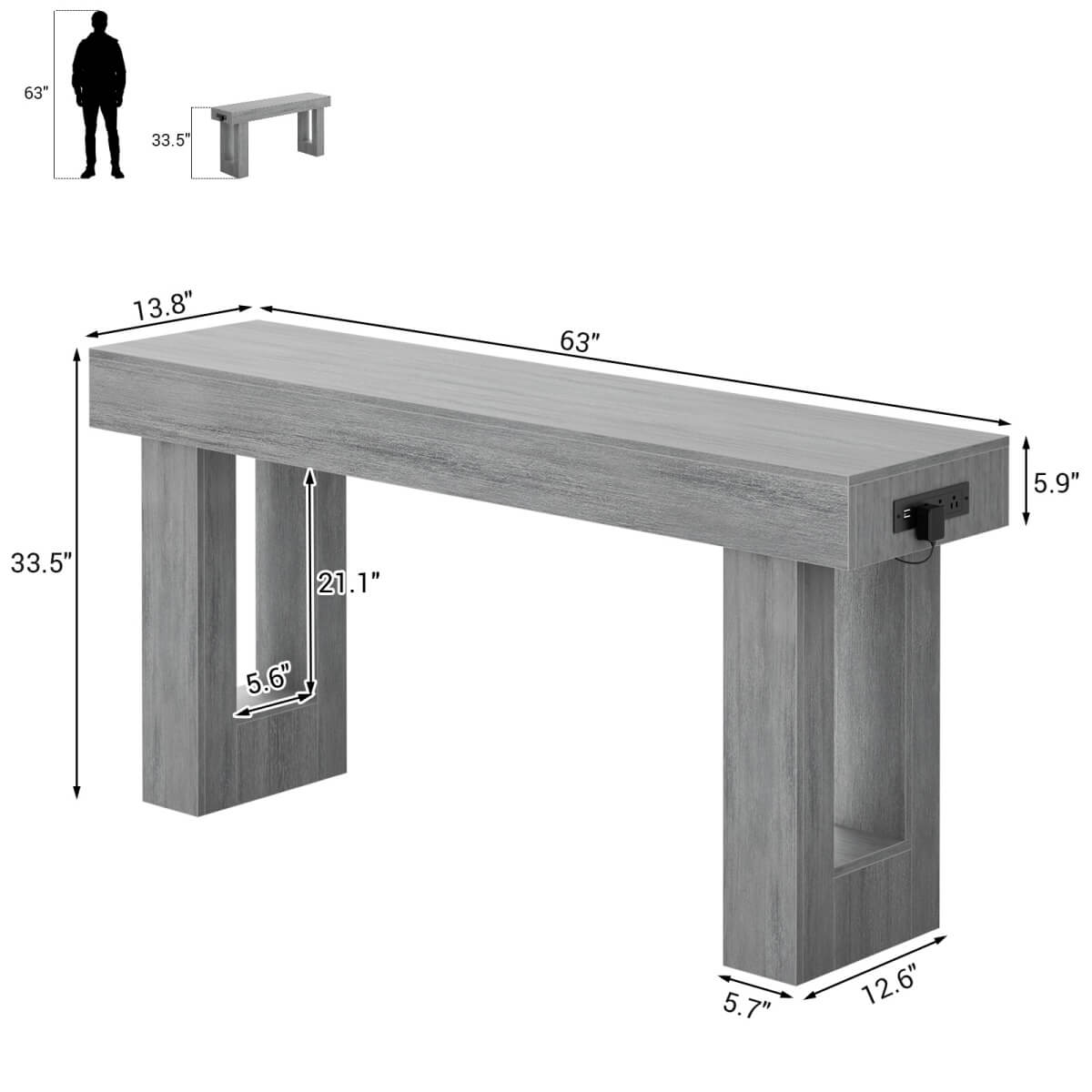 63'' Farmhouse Console Table with Power Outlet and Sensor Light