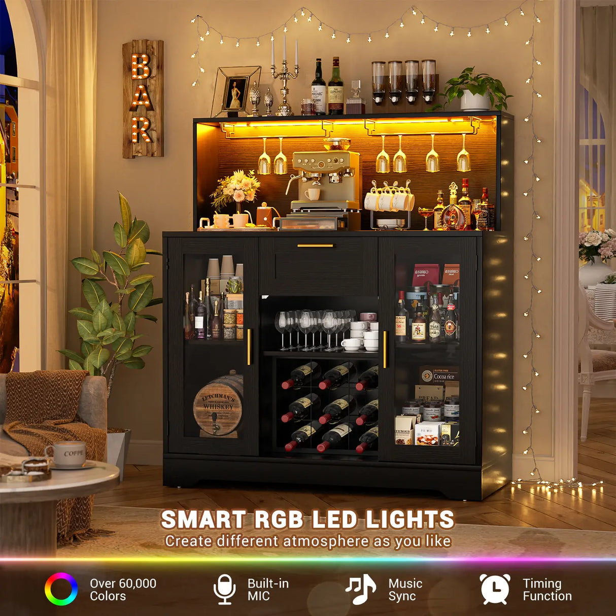 Wine Bar Cabinet with Drawer and LED Light Strip