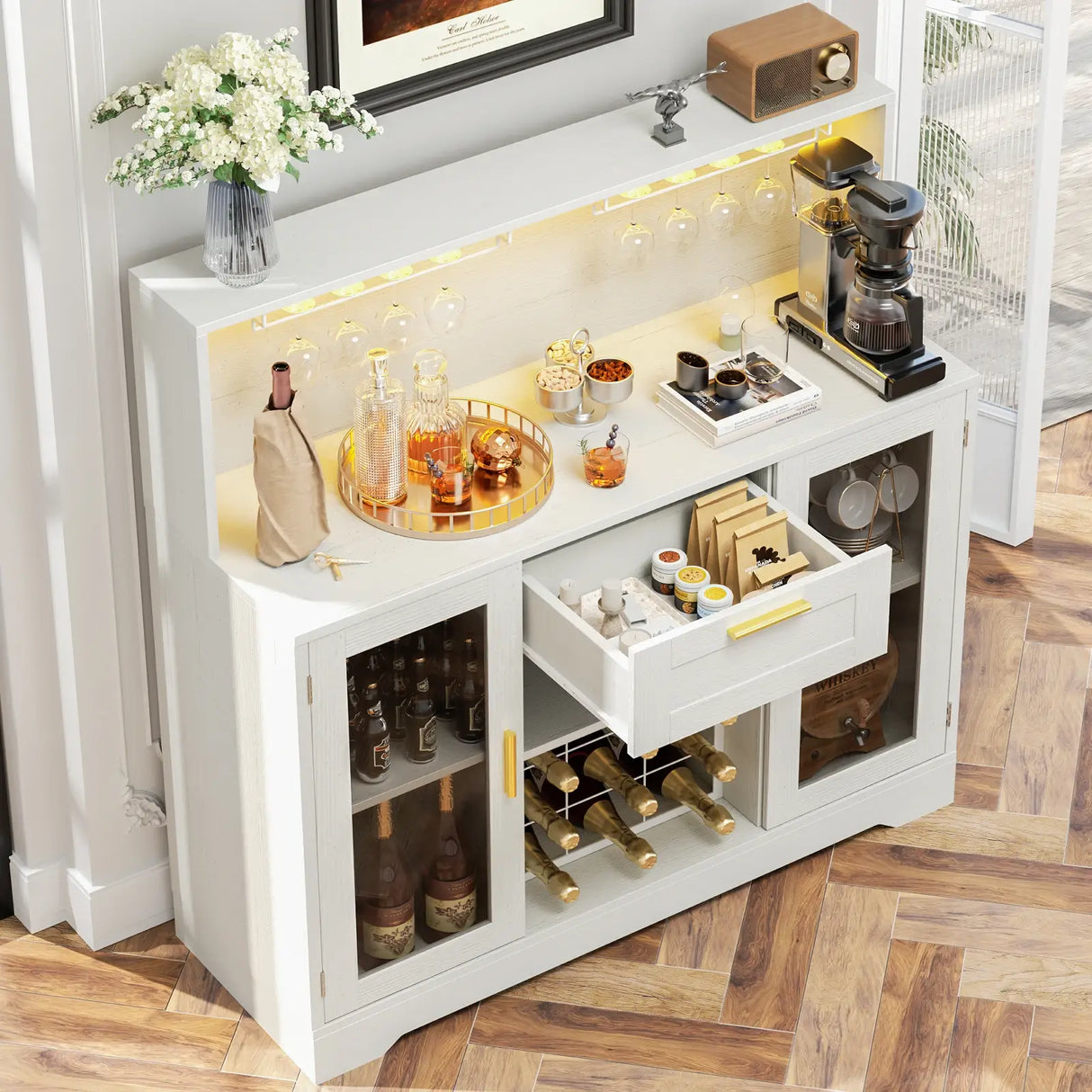 Wine Bar Cabinet with Drawer and LED Light Strip