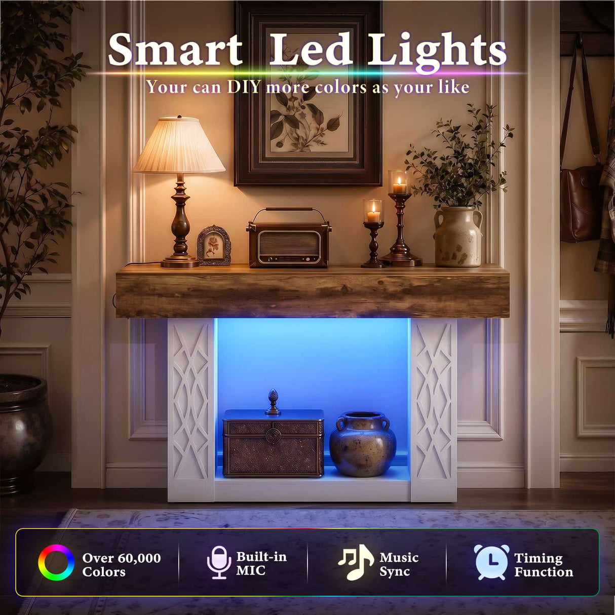 47" Console Table with LED Lights & Outlets, Farmhouse Entryway Table with Geometric Lattice Pattern, 2-Tier Narrow Sofa Table Behind Couch for Living Room, Hallway, Foyer